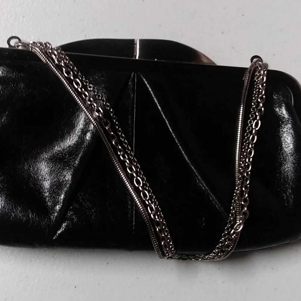 HOBO Black Leather Clutch with Silver Frame & Chain